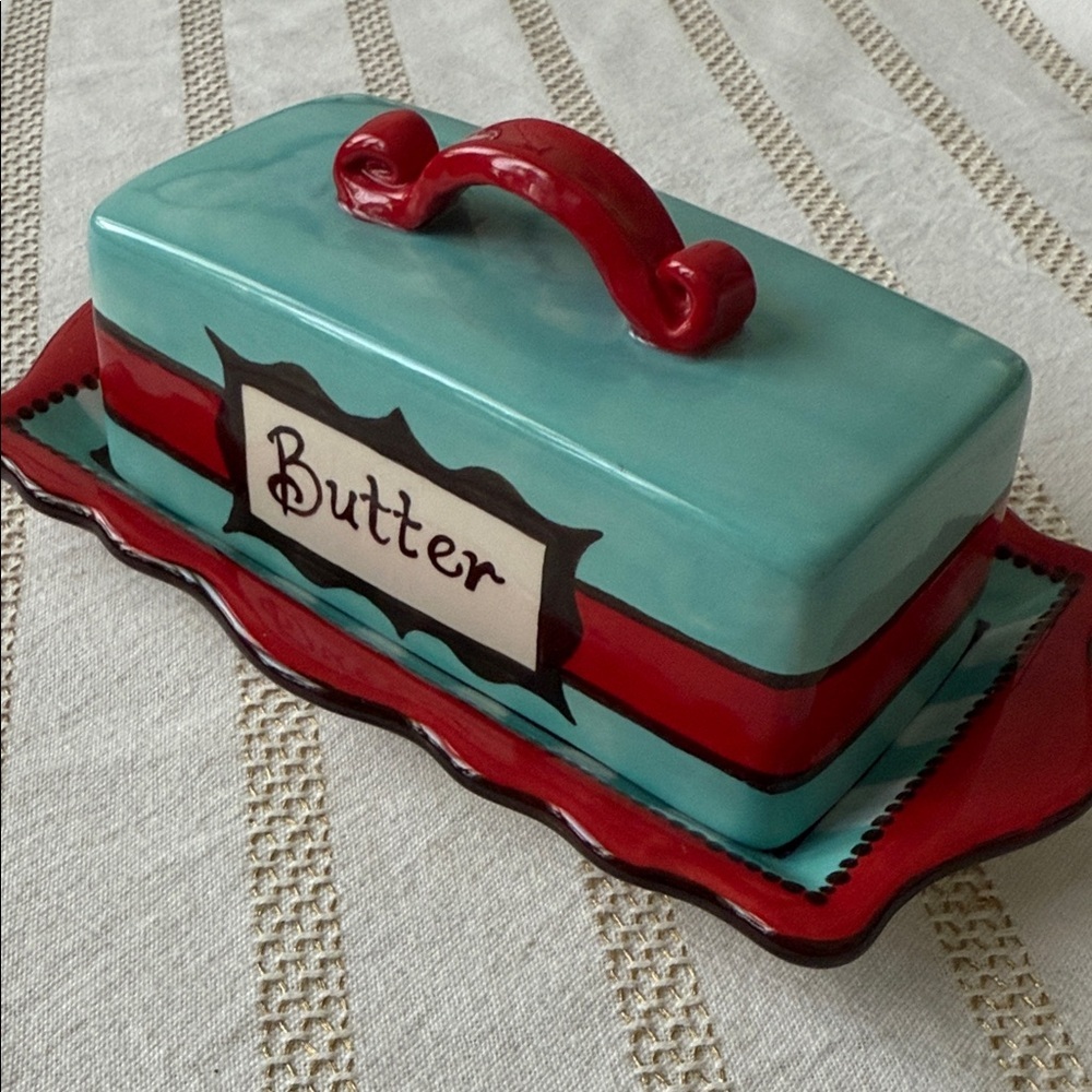 Hand painted Ceramic Butter Dish with Lid - Red and Aqua